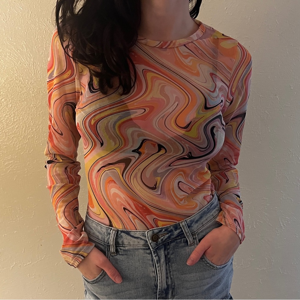 pink marble pattern sheer bodysuit